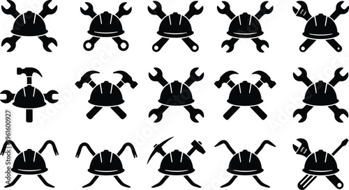 Sammlung von Piktogrammen mit Bauhelmen und gekreuzten Werkzeugen, ideal für Handwerk und Industrie.