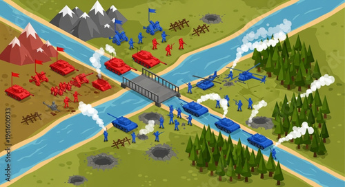 Isometric War Game Illustration - Red and Blue Forces Clash.