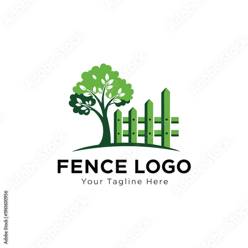 Green Picket Fence and Tree Logo Design Illustration for Garden and Property Services