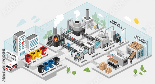 Isometric Waste Management and Recycling Plant Illustration.