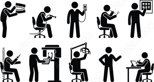 Piktogramme von Zahnärzten und Zahntechnikern bei der Ausübung verschiedener zahnmedizinischer Tätigkeiten.