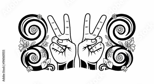 Peace symbol hands with floral design.