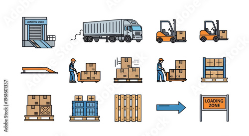 Warehouse Logistics Icons: Forklift, Truck, Boxes, Pallets, Loading Dock, Cart