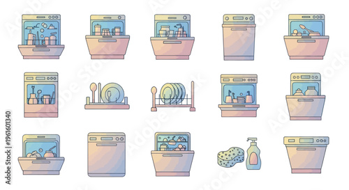 Dishwasher Icons: Clean Dishes, Kitchen Appliances, Home Hygiene, Vector Set