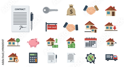 Real Estate Icons Set: Contract, Key, House, Money, Sale, Calendar, Piggy Bank
