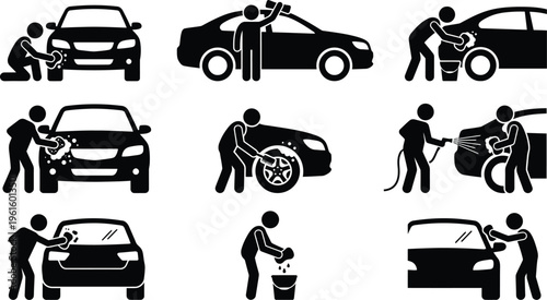 Piktogramme zeigen verschiedene Schritte und Tätigkeiten beim Autowaschen und der Fahrzeugpflege.