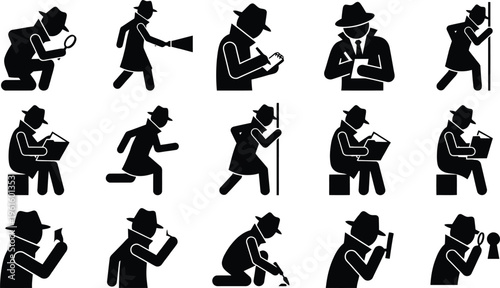 Detektiv- und Spionage-Piktogramme, die verschiedene Ermittlungsaktionen und Beobachtungen darstellen.