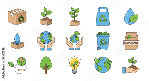 Eco-friendly icons: recycling, nature, sustainability, planet, green energy