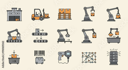 Industrial Automation Icons: Factory, Forklift, Robot Arms, Conveyor Belts, Barcode Scanner