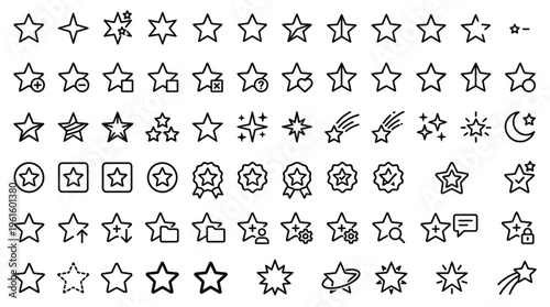 A comprehensive collection of star icons, showcasing various designs and styles suitable for diverse applications, including ratings, achievements, and decorative elements