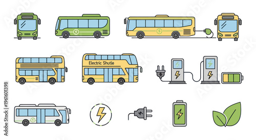 Electric Bus Collection: City Transport, Charging Stations & Green Energy Icons
