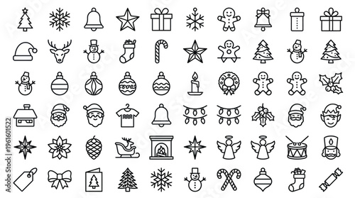 Professional Outline Christmas and Winter Holiday Icons. Modern vector symbols for festive season graphic design, web, print, and seasonal decoration projects