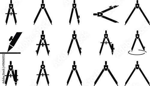 Sammlung von schwarzen Zirkel- und Zeichenwerkzeug-Silhouetten auf weißem Hintergrund.