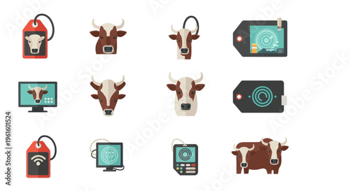 Smart Farming Technology Icons: Cow Heads, Tags, Monitor, and Devices