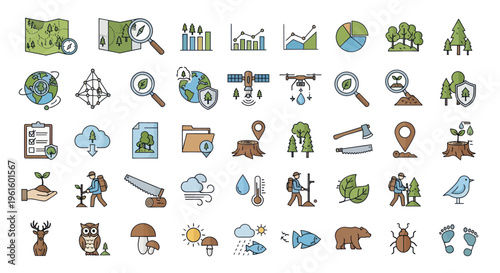 Nature Conservation Icons: Ecology, Environment, Forestry, Wildlife, Research & Data