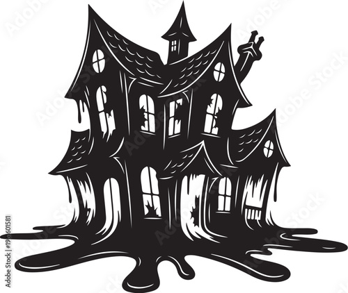 Spooky haunted house with melting walls and roof design