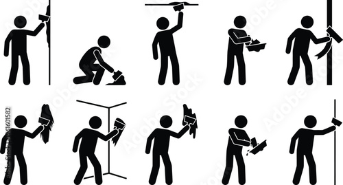 Pessoas em figuras de palito realizando diversas tarefas de limpeza e manutenção em diferentes superfícies e ambientes.