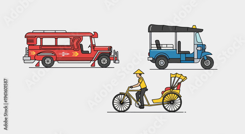 Asian Transport Icons: Jeepney, Tuk-Tuk, and Rickshaw
