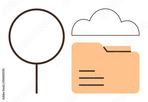 Data management, cloud computing, organization, file storage, data security, information retrieval. Magnifying glass, cloud icon and file folder ion. Data management and cloud computing concept