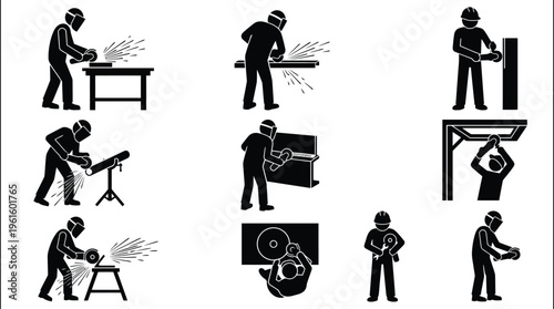 Verschiedene Piktogramme von Arbeitern bei industriellen Tätigkeiten wie Schleifen, Sägen und Montieren von Materialien, die Funken erzeugen.