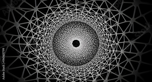 A mesmerizing black and white illustration of a geometric pattern forming a circular design
