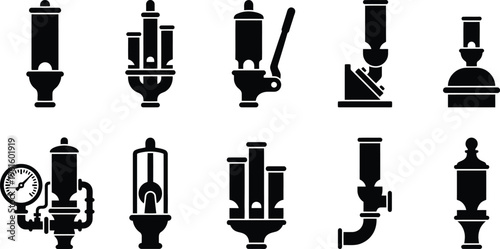 Detaillierte Darstellung verschiedener Dampfpfeifen und industrieller Signalgeber als Silhouetten-Icons.