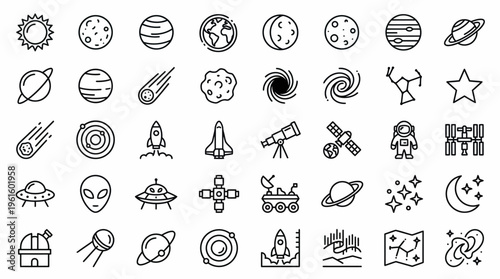 Set of line art icons representing celestial bodies, space exploration, and astronomical objects on a white background