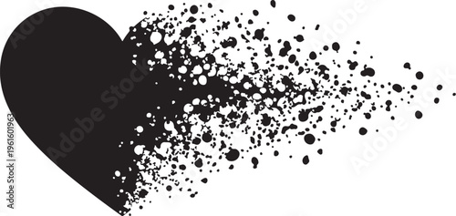 Black heart symbol disintegrating into particles on white background