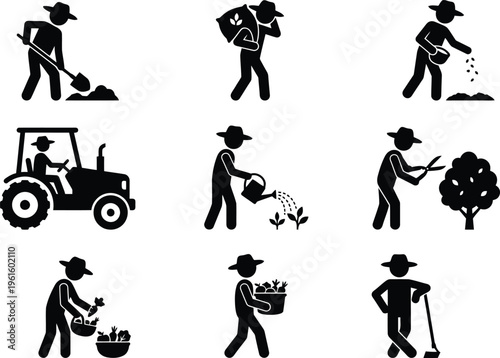 Bauern- und Gartenarbeiten: Eine Sammlung von Piktogrammen, die verschiedene landwirtschaftliche Tätigkeiten darstellen.