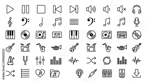 A comprehensive collection of musical symbols and audio interface icons, perfect for creative projects and digital design