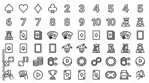 Collection of casino and card game icons, featuring playing cards, chips, dice, and royalty