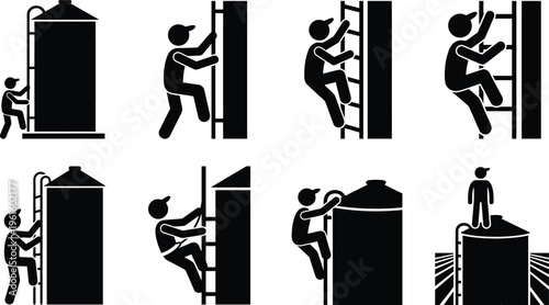 Piktogramme von Arbeitern, die Leitern an hohen Silos oder Tanks erklimmen, verschiedene Phasen des Aufstiegs darstellend.