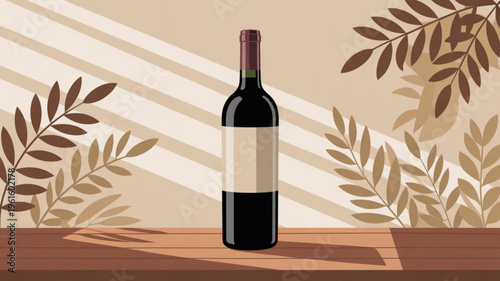 Wine bottle on wooden table with beige background and leaf shadows elegant still life with red wine bottle and blank label