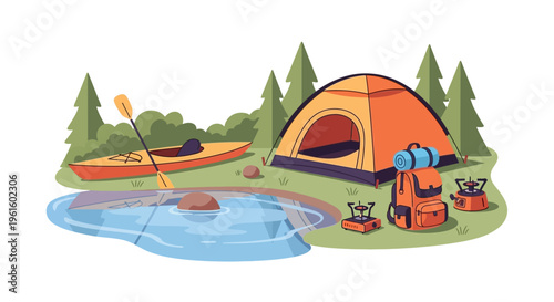 Outdoor enthusiasts set up camp near serene lake with kayaks and gear for  adventurous days