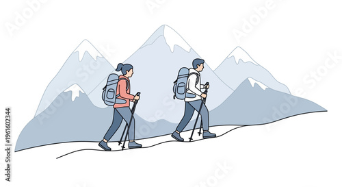 Couple hiking together on mountain trail with backpacks and trekking poles.