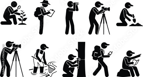 Ilustrações de figuras de palito envolvidas em diversas atividades de exploração, pesquisa e observação na natureza, como estudar plantas, fotografar paisagens, coletar amostras e mapear o ambiente.