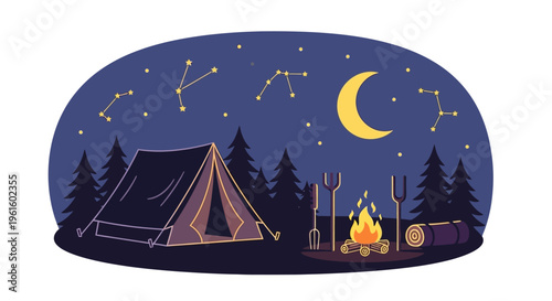 Camping under starry night sky with tent and campfire in woods 