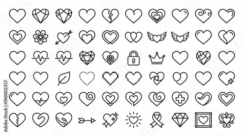A collection of stylized heart icons with various designs, perfect for graphic design and digital art projects