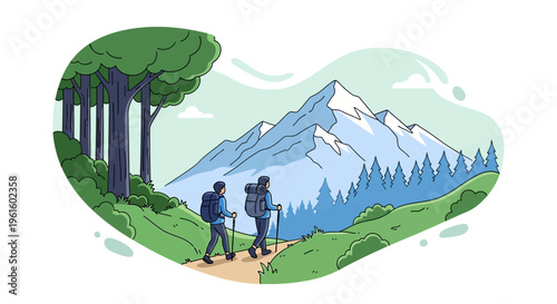 Two hikers with backpacks walking on a trail towards snow-capped mountains and trees in a scenic landscape