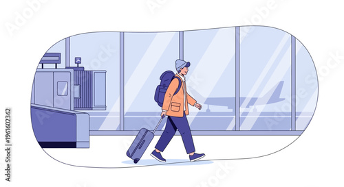 Traveler walks with luggage through airport terminal gate area with airplane in background