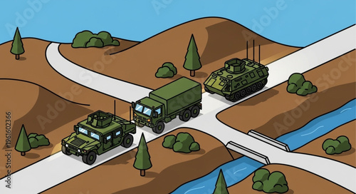 Military Vehicles at Crossroads in Illustrated Landscape.