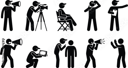 Eine Reihe von Piktogrammen, die verschiedene Rollen und Aktivitäten in der Filmproduktion darstellen, darunter Regisseure, Kameraleute und Tontechniker.