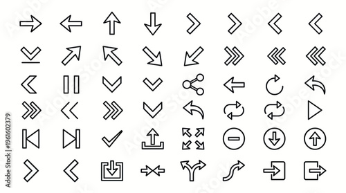 A diverse collection of line art icons featuring arrows, playback controls, and universal symbols for digital interfaces and navigation