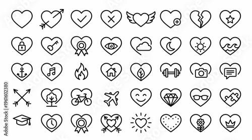 40 unique heart line icons collection, illustrating diverse concepts from love, health, travel, and achievement, suitable for web, app, and graphic design resources