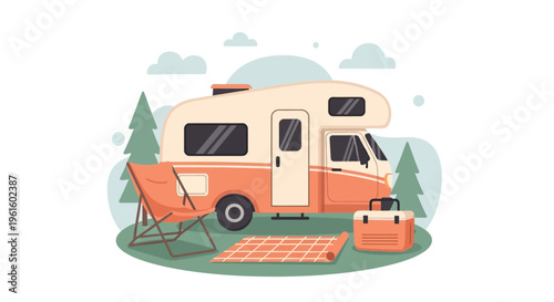 A cartoon camper van with chair and luggage on a blanket in a wooded campground 