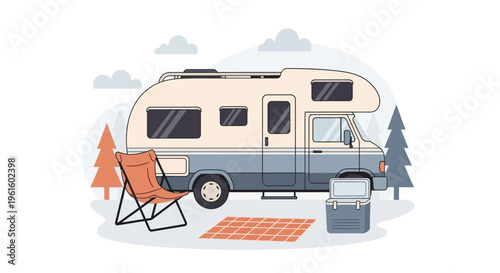 Camping scene with a parked RV trailer and outdoor furniture in a serene forest 