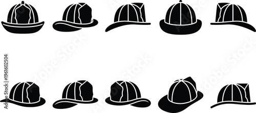 Silhuetas pretas de chapéus tradicionais asiáticos, apresentando uma variedade de designs e estilos distintos.