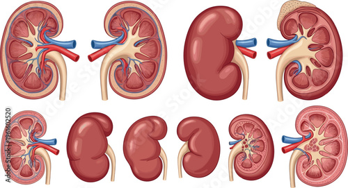 Human Kidney Anatomy Vector Set Featuring Detailed Medical Illustrations of Renal Organs, Internal Structure, and Cross Section Views for Healthcare Education