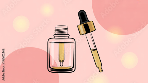 Glass bottle and dropper with yellow liquid on pink background with bokeh lights skincare and wellness concept