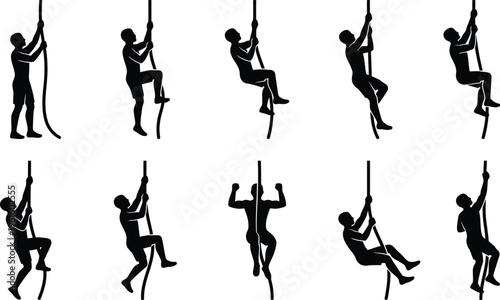 Silhuetas de pessoas escalando uma corda em várias posições e estágios de movimento.
